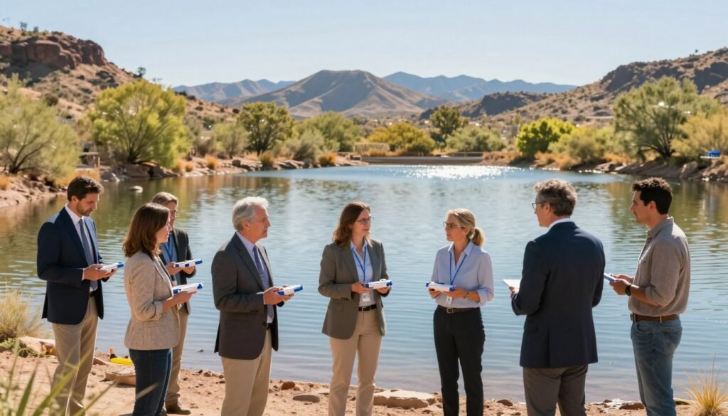 A picturesque Arizona landscape featuring a serene community water reservoir surrounded by lush native vegetation. In the foreground, a diverse group of adults in professional business attire and modest casual clothing engage in a collaborative discussion while holding water quality testing kits. The middle of the image showcases clear, sparkling water reflecting the bright blue sky, with subtle ripples suggesting movement. Mesas and distant mountains provide a warm, inviting backdrop. Natural sunlight bathes the scene in a golden hue, creating an optimistic atmosphere that conveys the community's commitment to ensuring clean drinking water. The composition should be shot at eye level with a soft focus on the background, highlighting the people and water quality efforts.