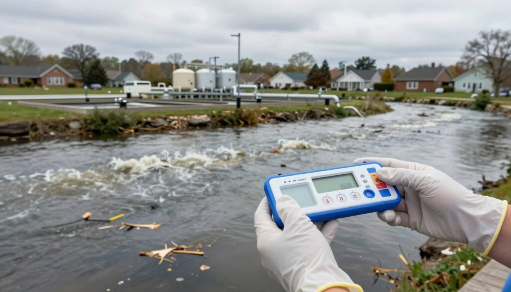 A polluted river in Illinois flowing through a suburban area, showcasing visible signs of water contamination such as discolored water and floating debris. In the foreground, a pair of gloved hands holding a water testing kit, emphasizing concern for water quality. In the middle ground, a water treatment facility can be seen, with large tanks and pipes, surrounded by overcast skies reflecting a sense of urgency. The background features a blend of residential homes and industrial buildings, highlighting the contrast between everyday life and environmental health risks. Use natural lighting to create a somber and realistic atmosphere, with a focus on the hands and water testing kit in sharp detail, while the background slightly blurs to draw attention to the contamination theme.