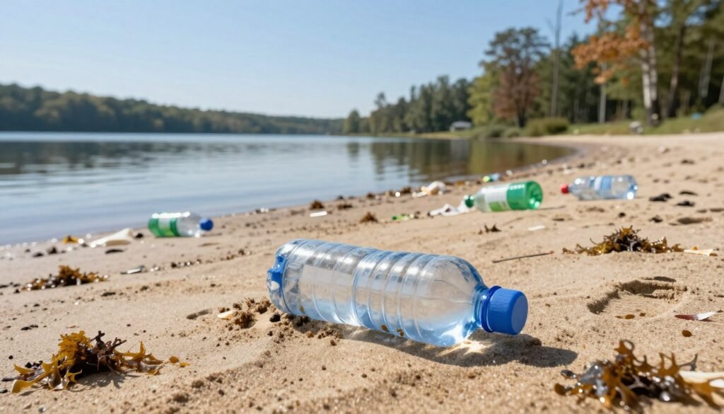 A powerful visual representation of the environmental impact of bottled water. In the foreground, a large, discarded plastic water bottle lies half-buried in a sandy beach, surrounded by small patches of dried seaweed and footprints leading away. In the middle ground, a serene lake reflects a clear blue sky, contrasting with patches of litter, including more plastic bottles and other refuse along the shore. In the background, a forested area shows trees, some showing signs of stress with browning leaves, hinting at ecological disruption. The lighting is bright and natural, evoking midday sun casting soft shadows, while a slight haze conveys an atmosphere of urgent reflection on ecological consequences. The overall mood is contemplative, urging the viewer to think about sustainability and their choices.