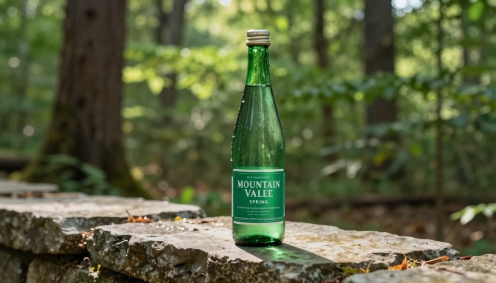 A premium emerald green glass bottle of Mountain Valley Spring Water placed on a natural stone ledge in a lush Arkansas forest, soft sunlight dappling through the trees, clear water droplets on the glass, high resolution, cinematic lighting.