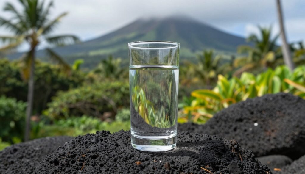 A pristine glass of clear water resting on a textured piece of black volcanic rock, with a lush Hawaiian tropical forest and a misty volcano peak in the background, soft natural sunlight, 8k resolution.