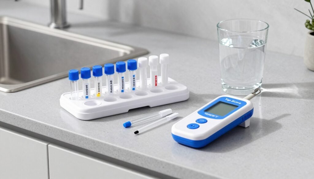 A professional-grade Tap Score water testing kit with various vials and a digital meter arranged neatly on a modern kitchen countertop next to a glass of crystal clear drinking water.