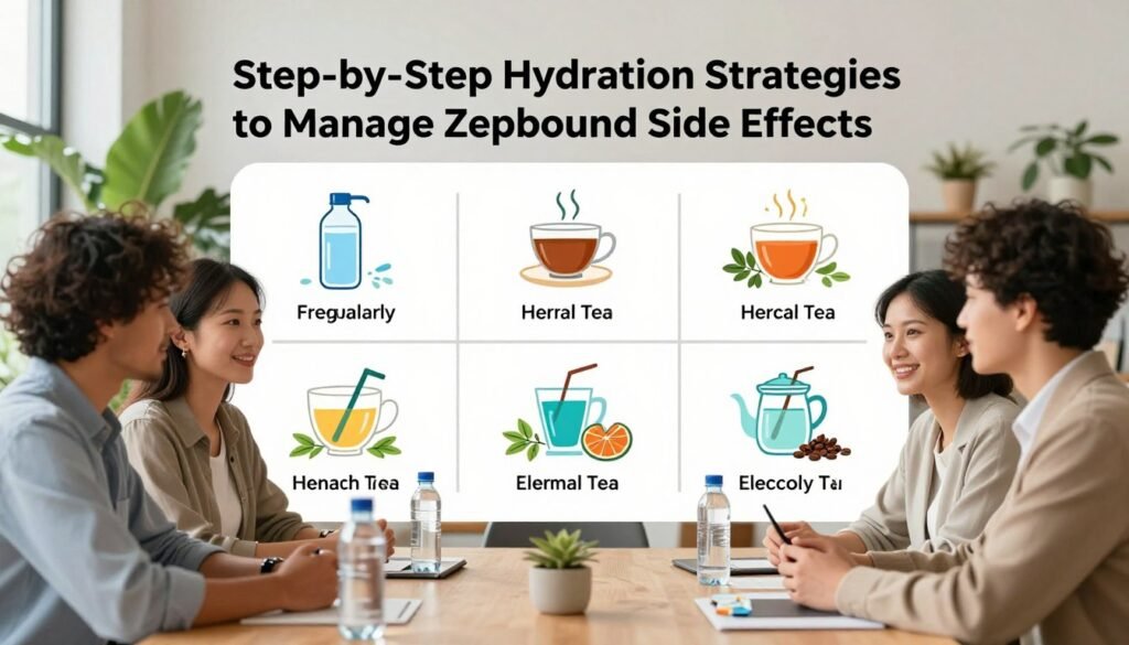 A professional illustration depicting "Step-by-Step Hydration Strategies to Manage Zepbound Side Effects." In the foreground, a diverse group of three individuals in modest business attire are engaged in a discussion around a table with hydration essentials, such as water bottles and electrolyte packets. The middle layer features a clean, modern layout of eight thoughtfully arranged visual steps presented as infographics, each representing hydration tips, like sipping water regularly, herbal teas, and electrolyte balance. The background shows a soft-focus office environment filled with leafy plants and natural light, creating a calm and refreshing atmosphere. The image should have warm, bright lighting to evoke positivity and wellness, with a perspective that emphasizes clarity and simplicity, aiming for a blend of professionalism and comfort.