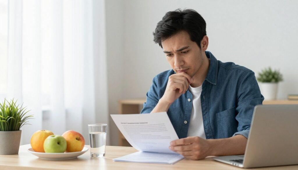 A professional-looking man in a smart casual outfit, sitting at a well-organized desk, appears to be reviewing a document on managing gastrointestinal side effects while ensuring hydration. He has a thoughtful expression as he takes notes, surrounded by a plate of fresh fruits and a glass of water. In the background, a bright, airy room with soft natural light filtering through sheer curtains suggests a calming atmosphere. A small potted plant adds a touch of greenery, enhancing the feeling of wellness. The camera angle focuses on his hands and the desk, creating an intimate yet informative composition that emphasizes both the management of health and hydration in an everyday setting.