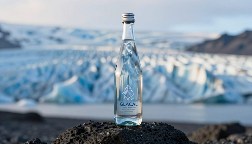A professional product shot of an Icelandic Glacial Water bottle with a faceted iceberg neck design, standing on a dark volcanic rock with a background of a blue Icelandic glacier and soft morning light.