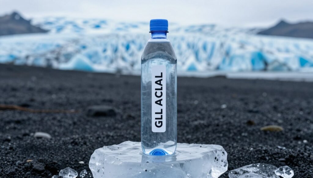 A professional product shot of an Icelandic Glacial water bottle resting on a block of crystal-clear ice, with a dramatic background of a blue Icelandic glacier and dark volcanic sand, 8k resolution, studio lighting.