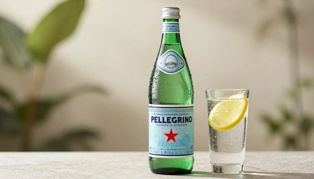 A professional studio photograph of a San Pellegrino green glass bottle with condensation droplets, placed next to a glass of sparkling water with a lemon slice, soft Italian sunlight background.