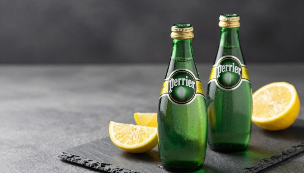 A professional studio photograph of a classic green glass Perrier bottle on a slate surface, surrounded by sparkling bubbles and fresh lemon wedges, soft natural lighting.