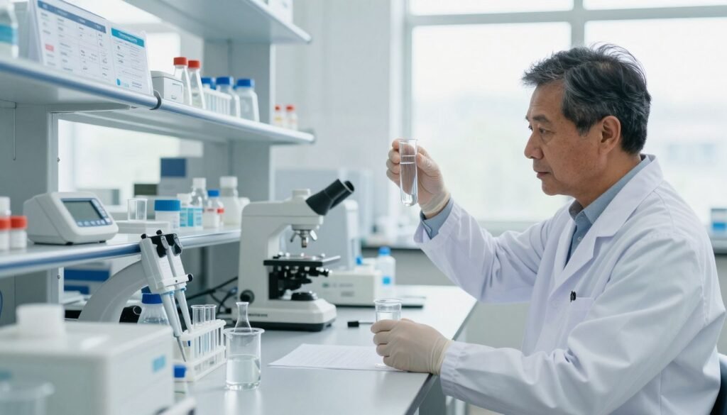 A professional water quality technician in a lab coat conducts public water system testing in a bright, modern laboratory. The foreground features the technician, a middle-aged person of diverse ethnicity, carefully examining a sample of water in a glass vial. The middle ground showcases a well-organized lab table filled with testing equipment, including colorimeters, pipettes, and beakers. In the background, shelves are lined with informative charts on water quality standards and safety protocols. Soft, natural lighting filters through large windows, creating an atmosphere of cleanliness and professionalism. The image conveys a sense of importance in maintaining water quality at home, emphasizing the technician's dedication to public health and safety.