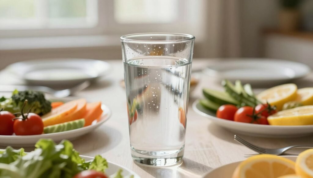 A refreshing image illustrating the benefits of drinking water after meals. In the foreground, a clear glass of water filled to the brim, with droplets glistening on the surface, symbolizing hydration. Surrounding the glass, a variety of colorful, healthy foods like fruits and vegetables, showcasing a balanced diet. In the middle ground, an elegant dining table set with plates and utensils, hinting at a recent meal. The background features soft, natural light filtering through a window, casting gentle shadows that create a warm, inviting atmosphere. Use a slightly blurred depth of field to focus on the glass of water while giving a sense of the dining setting. Overall, evoke a sense of health, vitality, and the refreshing essence of hydration.