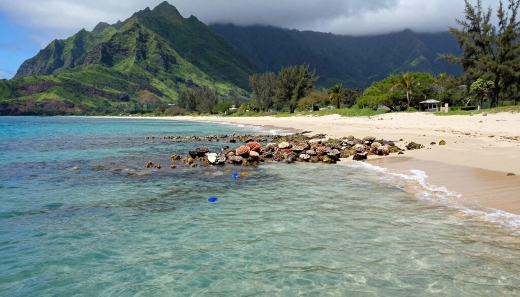 A serene Hawaiian landscape showcasing a pristine beach transitioning into an area affected by water contamination. In the foreground, a clear blue ocean contrasts with a polluted section showing murky water, softly reflecting the sunlight. The middle ground features a colorful coral reef, with a few fish swimming near the surface, illustrating the impact of contamination on marine life. Lush green mountains rise in the background, partly shrouded in mist, representing Hawaii's natural beauty. The atmosphere is thought-provoking, with a hint of urgency, emphasizing the importance of regular water quality monitoring. Use natural daylight to enhance colors, with a wide-angle lens capturing the intricate details of both the healthy and contaminated waters.