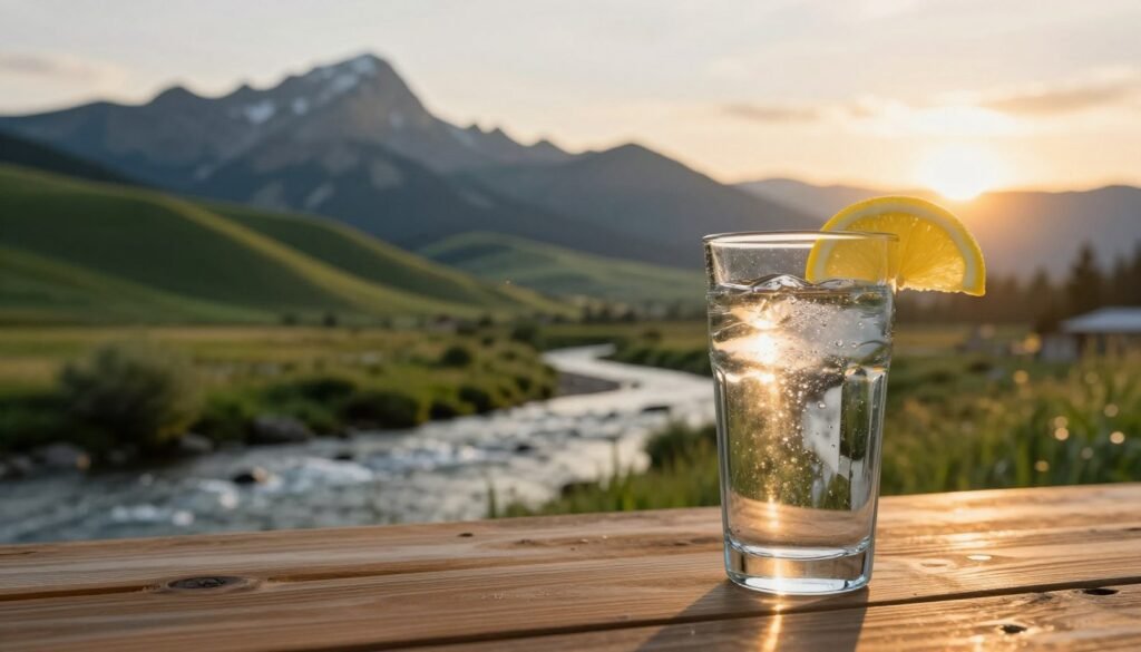 A serene Idaho landscape at sunset, focusing on a clear glass of fresh tap water placed on a wooden table in the foreground. The glass is filled with sparkling water, showcasing a slice of lemon on the rim. In the middle ground, lush green hills and a flowing river symbolize Idaho's natural purity, while in the background, the majestic Rocky Mountains are softly illuminated by the warm golden hour. The lighting is soft and inviting, casting gentle reflections on the water's surface. The overall mood is tranquil and reassuring, emphasizing the importance of safe drinking water. The scene evokes a sense of reliability and clarity, ideal for an article on water quality, with no text or human figures present.