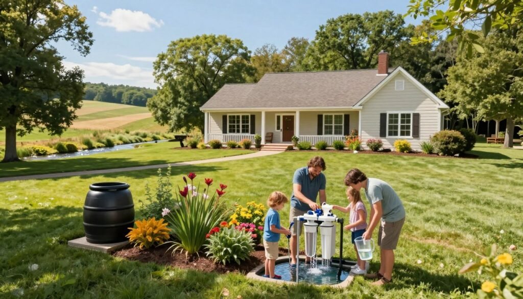 A serene Kentucky landscape showcasing a home with a well-maintained yard, surrounded by lush trees and a clear blue sky. In the foreground, a family is engaged in improving their water quality, with one adult installing a water filtration system, while another holds a pitcher filled with clean water. The middle ground features colorful native plants and rain barrels collecting rainwater, emphasizing sustainable practices. The background reveals rolling hills and a sparkling creek under bright sunlight, enhancing a sense of tranquility and health. The scene conveys a positive and proactive atmosphere, highlighting the beauty of a clean, safe environment for families. The lighting is warm and inviting, creating an uplifting mood suitable for the topic. The image should be captured from a slightly elevated angle, providing a comprehensive view of the home and its surroundings without any text or distractions.
