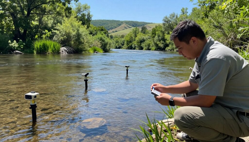 A serene Maryland river scene reflecting high water quality monitoring practices. In the foreground, a professional in modest casual clothing is holding a water testing kit, focused on collecting samples near the water's edge with a look of determination. In the middle ground, we see clear, sparkling water with multiple water quality monitoring sensors visibly placed along the bank, surrounded by lush greenery and native flora. In the background, gentle rolling hills stretch under a sunny blue sky, casting dappled shadows on the water surface. The lighting is bright and natural, suggesting a sunny afternoon, while the atmosphere conveys a sense of diligence and environmental stewardship essential to preserving water quality.