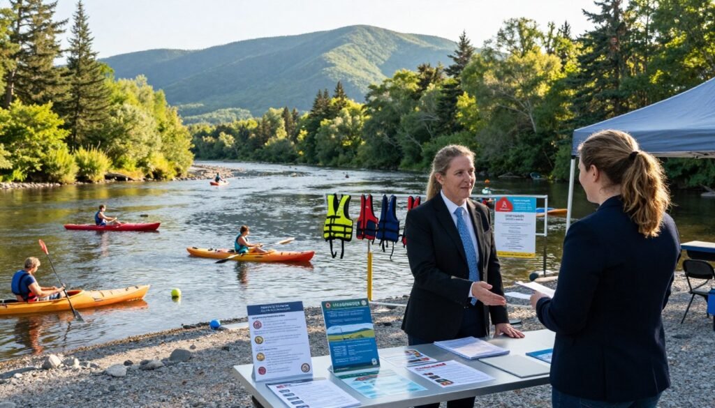 A serene New Hampshire landscape showcasing water safety resources in a community setting. In the foreground, a well-organized information booth, adorned with brochures on water safety and local resources, is staffed by a professional in smart business attire, engaging with a passerby. The middle ground features a tranquil river with families enjoying recreational activities, such as kayaking and fishing, while prominently displayed life jackets and safety posters line the riverbank. In the background, lush green mountains are bathed in warm sunlight, creating a peaceful atmosphere. Soft shadows enhance the depth of the scene, while a wide-angle view captures the essence of community awareness around drinking water safety and outdoor recreation. The mood is informative and inviting, promoting a sense of safety and responsibility.