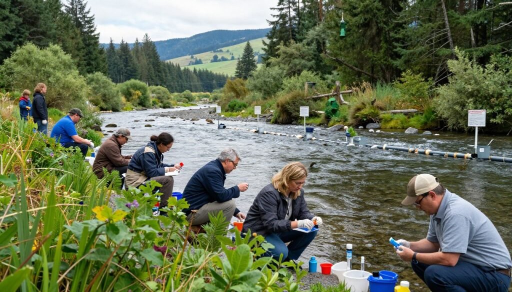 A serene Oregon landscape showing a group of diverse residents, both men and women, in professional attire actively engaging in water pollution control efforts. In the foreground, they are examining water samples with vials and equipment, surrounded by lush greenery. The middle ground features a clear, flowing river, with clear signs of careful monitoring, such as floating buoys and water quality testing stations. In the background, rolling hills and dense forests depict Oregon’s natural beauty. The scene is bathed in soft, natural daylight, enhancing the colors of the environment. The atmosphere is one of community effort and responsibility, conveying a sense of urgency towards maintaining clean drinking water. The image is taken from a low angle to emphasize the residents’ active role.