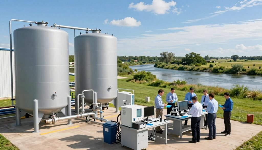 A serene South Dakota water treatment facility, showcasing modern infrastructure with large water tanks and filtration systems prominently in the foreground. In the middle ground, a team of professionals in business attire is engaged in monitoring and conducting tests with advanced lab equipment. The background features a blue sky dotted with wispy clouds, framing the facility amidst lush greenery and flowing rivers that symbolize clean water sources. The lighting is bright and natural, casting soft shadows, evoking a hopeful and positive atmosphere. The overall mood reflects a sense of innovation and commitment to public health, highlighting the ongoing efforts to enhance the quality of tap water.