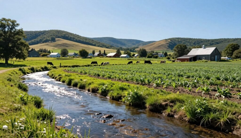 A serene Vermont landscape marred by subtle water pollution, featuring a lush green farm in the foreground with rows of crops and a small barn. To the left, a sparkling stream reflects the midday sun, but its water has a murky tint, hinting at contamination. In the background, gentle rolling hills under a clear blue sky showcase a rural farm village. The lighting is bright and natural, capturing the beauty of the Vermont countryside while highlighting the environmental issue. A few farm animals, like cows, graze near the water, representing the role of agriculture. The mood is a juxtaposition of tranquility and concern, illustrating the delicate balance between farming and water quality. The scene is photographed from a low angle, emphasizing the water's surface and the vibrant colors of the landscape.