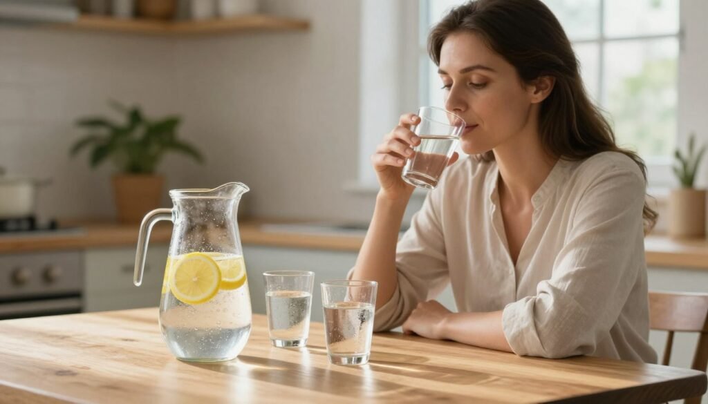 A serene and inviting kitchen scene, where a soft, warm light streams in from a window, illuminating a wooden table. In the foreground, a glass pitcher filled with refreshing water and slices of lemon, with four glasses beside it, showcasing condensation. An elegant, modestly dressed woman, focused and calm, sits at the table, sipping from a glass, her expression one of contentment and health. In the background, a houseplant adds a touch of greenery, enhancing the sense of wellness. The atmosphere is peaceful and nurturing, evoking a sense of care and the importance of hydration during chemotherapy treatment. The image should capture the essence of practical tips for staying hydrated, emphasizing tranquility and healthfulness.