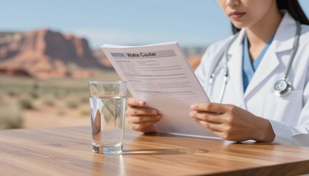 A serene and professional scene depicting the importance of drinking water safety in Utah. In the foreground, a clear glass of pristine tap water sits on a wooden table, glistening under soft natural light. The middle ground features a health-conscious individual in professional attire, carefully examining a water quality report, embodying concern and vigilance. In the background, a beautiful Utah landscape can be seen, showcasing red rock formations under a clear blue sky, symbolizing the region's unique environment. The atmosphere is calm yet serious, emphasizing the health effects of water quality issues. Use soft focus on the background to bring attention to the foreground elements while maintaining natural colors and textures. The overall composition should evoke a sense of awareness and responsibility regarding water safety in Utah.
