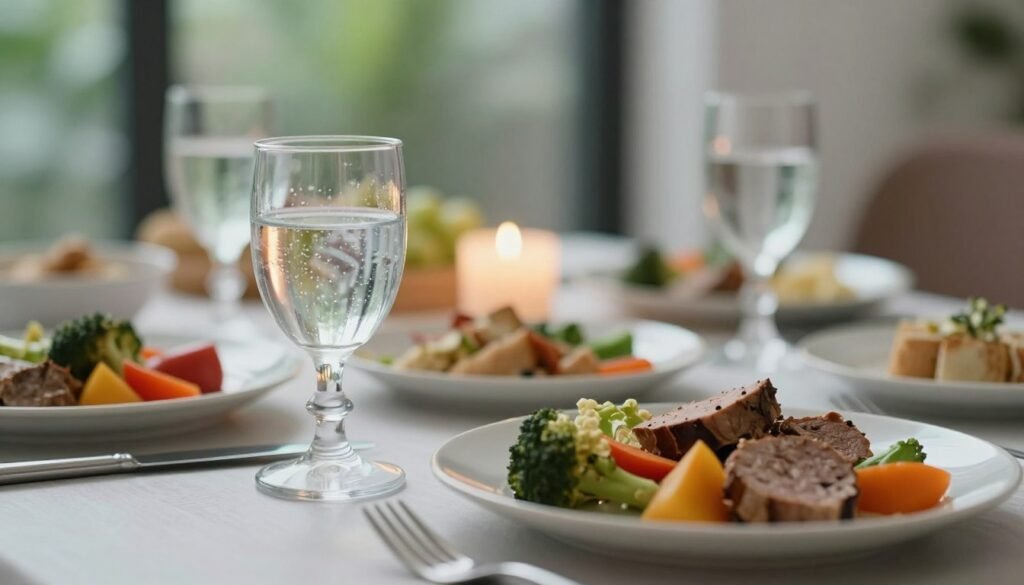A serene dining scene showcasing a beautifully set table featuring a variety of meal plates and elegant glassware filled with clear, sparkling drinking water. The foreground focuses on a plate of nutritious food, such as colorful vegetables and lean proteins, with a glass of water prominently placed beside it. The middle ground includes softly glowing candlelight that creates a warm atmosphere, enhancing the meal's inviting appeal. In the background, a subtle hint of lush greenery through a window adds freshness, suggesting a healthy lifestyle. The lighting is soft and natural, creating a calming ambiance that conveys caution and mindfulness regarding post-meal hydration. The composition is captured from a slightly elevated angle, emphasizing the meal and glass of water while inviting viewers to ponder the implications of consuming water after eating.