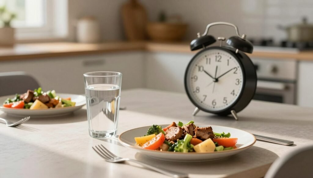 A serene dining setting featuring a neatly arranged table with a healthy meal displayed, emphasizing the theme of proper water intake timing. In the foreground, a beautifully plated dish with colorful vegetables and protein, with a glass of water positioned slightly away from the meal. In the middle ground, a clock indicates the time to avoid drinking water during meals, subtly highlighted. The background shows a softly lit kitchen, creating a warm and inviting atmosphere. The lighting should mimic natural sunlight coming through a window, casting gentle shadows. The mood is calm and informative, aiming to convey a sense of health-consciousness. No human figures are included in the scene to maintain focus on the meal arrangement and water placement. A serene dining setting featuring a neatly arranged table with a healthy meal displayed, emphasizing the theme of proper water intake timing. In the foreground, a beautifully plated dish with colorful vegetables and protein, with a glass of water positioned slightly away from the meal. In the middle ground, a clock indicates the time to avoid drinking water during meals, subtly highlighted. The background shows a softly lit kitchen, creating a warm and inviting atmosphere. The lighting should mimic natural sunlight coming through a window, casting gentle shadows. The mood is calm and informative, aiming to convey a sense of health-consciousness. No human figures are included in the scene to maintain focus on the meal arrangement and water placement.