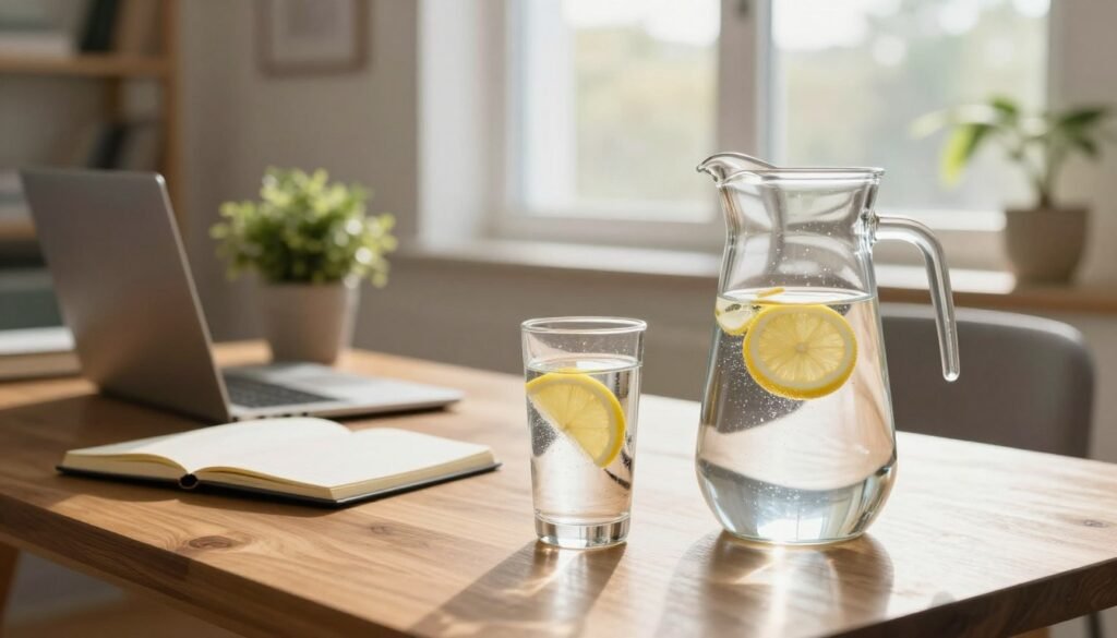 A serene home office setting that illustrates the concept of water intake adjustment. In the foreground, a sleek glass pitcher filled with clear water is placed on a polished wooden table alongside a stylish tumbler filled with sparkling water and slices of lemon. In the middle, there’s a well-organized workspace with a laptop, an open notebook, and a potted plant, suggesting a productive environment. The background features a large window letting in soft, warm sunlight, illuminating the space and casting gentle shadows. The mood is refreshing and motivational, conveying a sense of clarity and health. The scene is captured from an eye-level angle to emphasize the inviting workspace while ensuring all elements feel harmoniously balanced.