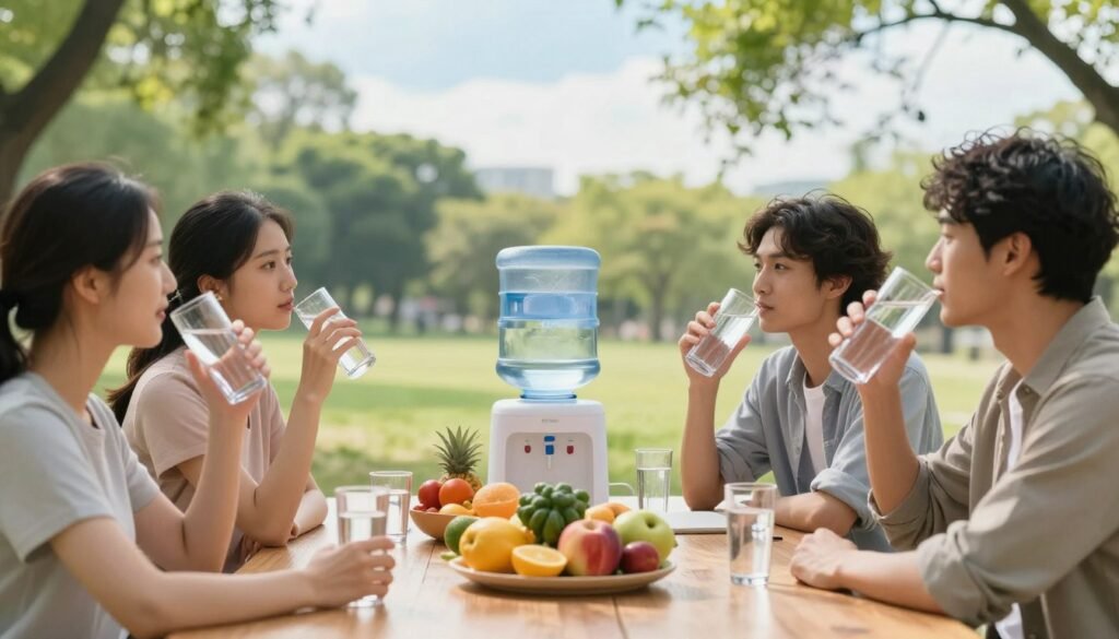 A serene, inviting scene depicting the health benefits of hydration through the 10 gulp rule. In the foreground, a diverse group of individuals, dressed in smart casual attire, are engaged in a healthy discussion, each holding a glass of refreshing water. In the middle ground, a beautifully arranged table showcases vibrant fruits and vegetables, alongside a stylish water dispenser, emphasizing hydration. In the background, a sunny outdoor park setting with lush greenery and a light blue sky creates an uplifting atmosphere, suggesting vitality and wellness. Soft, natural lighting enhances the cheerful mood, with a gentle focus on the subjects to convey warmth and connection. The image encapsulates the essence of maintaining good hydration practices in an inspiring and positive environment.