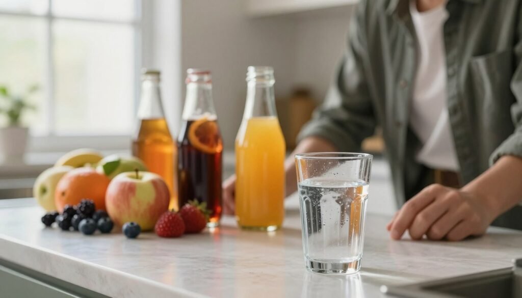 A serene kitchen scene featuring a well-lit countertop with a clear glass of water placed prominently in the foreground. In the middle, a vibrant selection of healthy fruits, like apples and berries, is displayed beside an array of sugary drinks like soda and fruit juice, all unopened. The background shows a window allowing soft natural light to filter in, creating a warm and inviting atmosphere. The lighting should highlight the condensation on the glass of water, symbolizing freshness and hydration. An individual, dressed in smart casual attire, thoughtfully examines the drinks, reflecting a moment of decision. The overall mood conveys a sense of awareness and health-conscious choices, emphasizing the importance of opting for water to manage sugar levels.