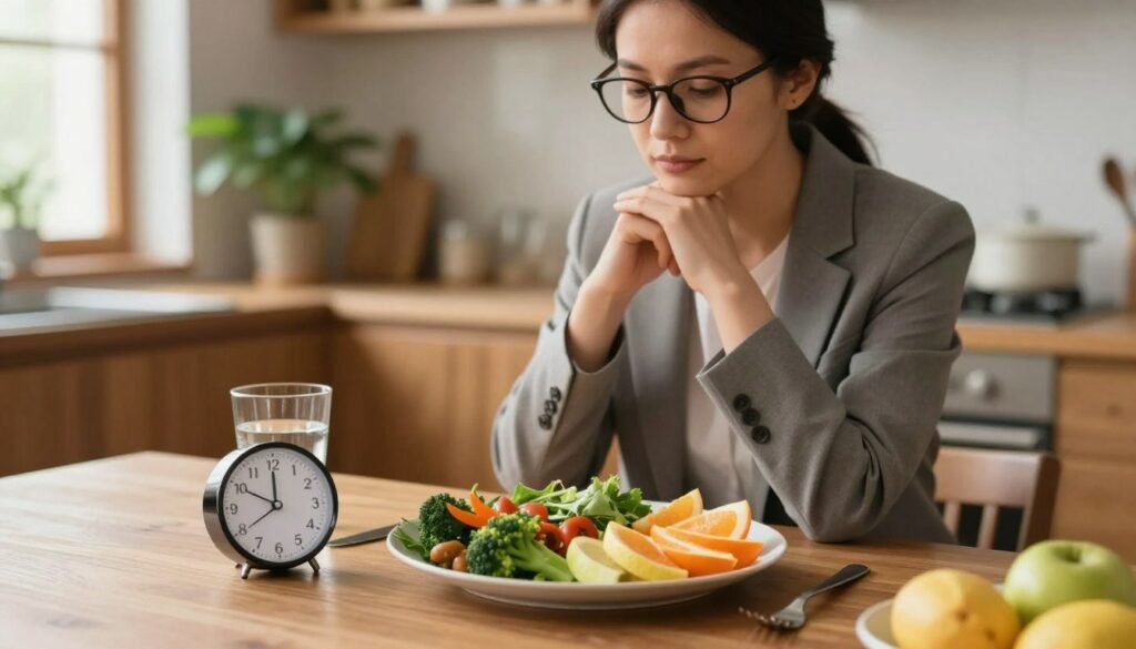 A serene kitchen scene focusing on a table set for a healthy meal. In the foreground, a well-balanced plate of colorful fruits and vegetables, a small timer set to 30 minutes, and a glass of water untouched nearby. In the middle area, a person in professional business attire, a woman with glasses, thoughtfully observing the clock and the plate, embodying patience and mindfulness. The background features a softly lit kitchen with warm wood tones and green plants, emphasizing a wholesome atmosphere. The lighting is natural, coming from a nearby window, creating gentle shadows. The composition aims to illustrate the balance between eating and drinking, conveying a sense of calm and intentionality.