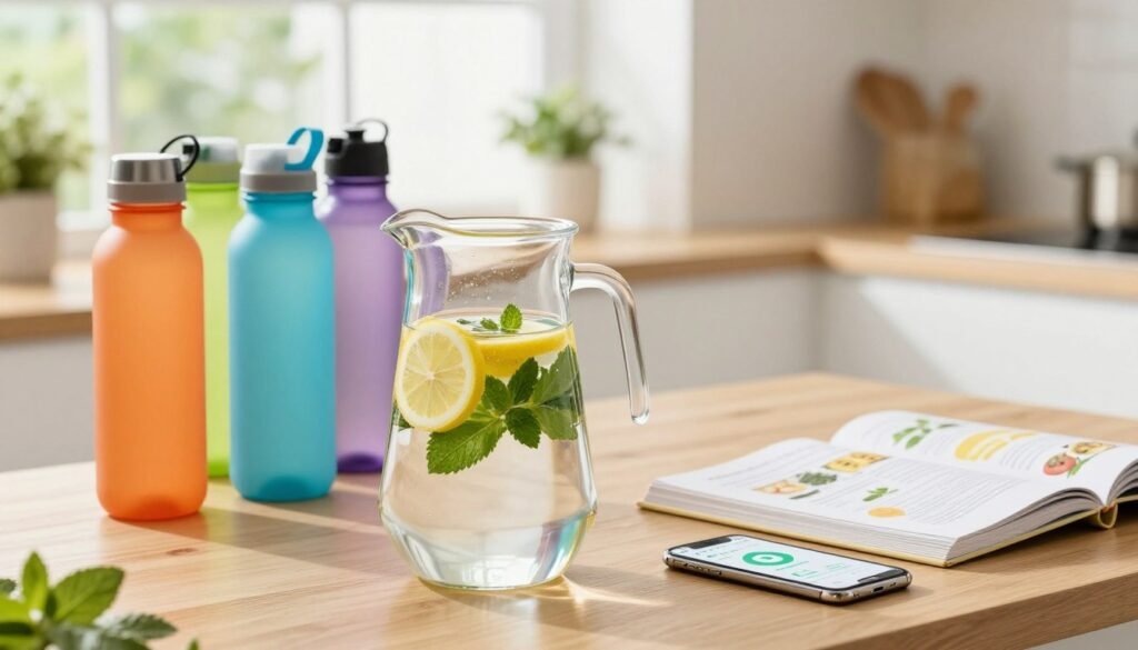 A serene kitchen scene showcasing optimal hydration practices for health and safety. In the foreground, a clear glass pitcher filled with fresh water infused with lemon slices and mint leaves, accompanied by a variety of reusable water bottles in vibrant colors. The middle ground features a wooden table with a health-focused cookbook open to a hydration recipe, along with a smartphone displaying a hydration tracking app. In the background, a well-lit window reveals greenery outside, casting soft natural light that creates a warm and inviting atmosphere. The overall mood is fresh, clean, and health-conscious, encouraging better hydration habits.