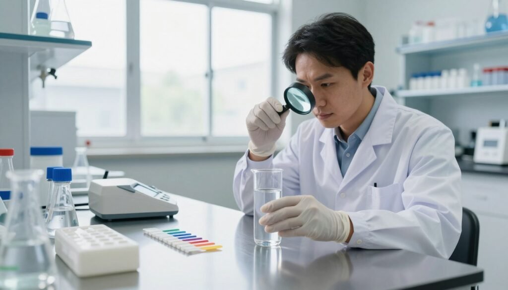 A serene laboratory setting focused on testing Virginia tap water. In the foreground, a gloved hand holds a clear glass vial filled with water, while a testing kit with colorful reaction strips and a digital meter are neatly arranged on a stainless steel counter. The middle ground features a professional, modestly dressed researcher analyzing the sample with a thoughtful expression, using a magnifying glass. The background displays a large window allowing natural light to stream in, illuminating a clean, modern lab environment with shelves of scientific equipment and water filtration systems. The overall atmosphere is one of diligence and professionalism, evoking a sense of trust and commitment to water quality and consumer safety.