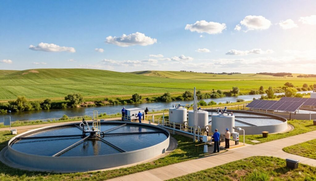 A serene landscape of Nebraska showcasing innovative water treatment technology. In the foreground, a modern water treatment facility with large filtration tanks and solar panels glistening under the midday sun. Workers in professional attire monitor the equipment, ensuring optimal operations. In the middle ground, a lush green field merges with a clear river, symbolizing the sustainable balance between nature and technology. The background features gently rolling hills under a bright blue sky with soft, fluffy clouds, creating a hopeful atmosphere. The scene is bathed in warm natural light, highlighting the advanced infrastructure against Nebraska's picturesque rural backdrop, illustrating the theme of improving water quality through innovation.