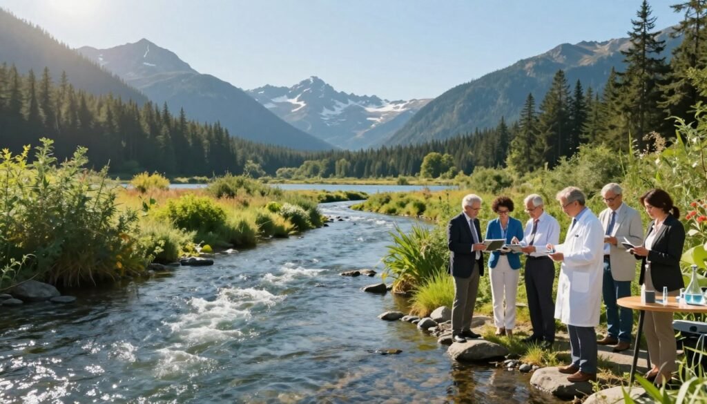 A serene landscape of Washington State showcasing clean, flowing rivers and pristine lakes, representing the improvement of water quality. In the foreground, a diverse group of professionals in business attire—scientists and environmentalists—examining water samples with modern equipment. The middle ground features lush greenery and thriving vegetation along the water's edge, symbolizing ecological health. The background displays majestic mountains under a clear blue sky, bathed in warm sunlight, evoking a sense of hope and progress. The lighting is bright and natural, enhancing the vibrant colors of the landscape. The overall mood is optimistic and forward-looking, reflecting a commitment to sustainable water practices and the future of safe drinking water.