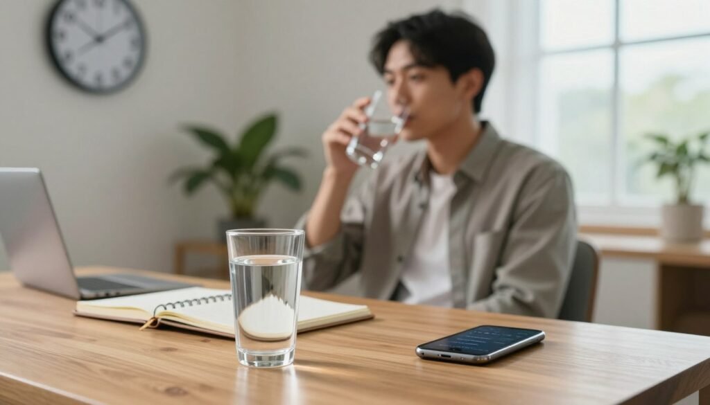 A serene office environment representing optimal timings for drinking water to enhance brain health. In the foreground, a clear glass of water sits on an elegant wooden desk next to a neatly organized notebook and a smartphone displaying reminders to hydrate. In the middle ground, a professional individual in modest business attire is shown with a thoughtful expression, glancing at the clock on the wall that shows various ideal times to drink water. The background features a soft-focus indoor plant and a window with natural light streaming in, creating a warm and inviting atmosphere. The overall mood is calming and focused, emphasizing the importance of hydration for cognitive wellness, captured with soft, natural lighting and a slightly elevated angle for added perspective.
