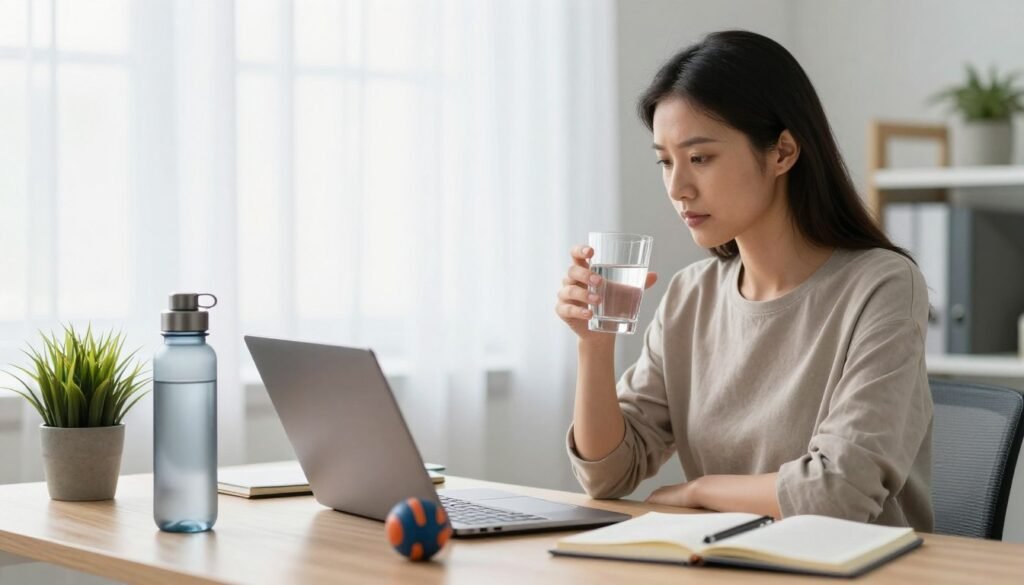 A serene office environment with a professional woman in modest casual clothing, sitting at her desk, focused on a clear glass of water beside her laptop. In the foreground, a sleek water bottle and a small potted plant add a touch of vitality. The middle ground features a well-organized workspace with stress management tools like a journal and a stress ball. The background shows a bright window with soft, natural light filtering through sheer curtains, creating a calm atmosphere. The overall composition conveys a sense of balance and tranquility, highlighting the connection between hydration and effective stress management, with a focus on enhancing well-being through simple, mindful practices.