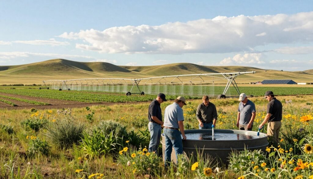 A serene prairie landscape of North Dakota, showcasing a water conservation project in action. In the foreground, diverse professionals in modest casual clothing are inspecting a sustainable rainwater collection system, with green plants and vibrant wildflowers surrounding them. The middle section features an innovative, solar-powered irrigation system at work, capturing sunlight as it nourishes crops. In the background, rolling hills under a bright blue sky with fluffy clouds, hinting at the natural beauty of North Dakota. Soft, warm lighting enhances the atmosphere, conveying a sense of hope and responsibility towards water conservation. The angle is slightly elevated, providing a panoramic view that brings the entire scene together. Focus on producing a harmonious balance between technology and nature.