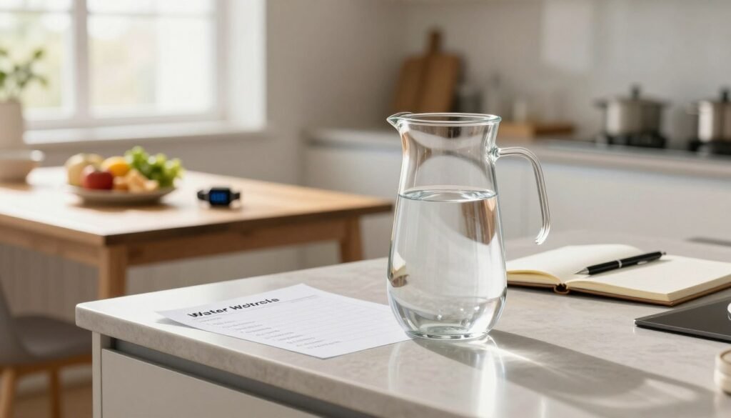 A serene, professional setting depicting a well-lit, modern kitchen with a focus on water intake timing for weight loss. In the foreground, a clear glass pitcher filled with refreshing water sits on a sleek countertop, alongside a minimalist water intake schedule chart. The middle features a wooden table adorned with healthy snacks, a fitness tracker, and a notepad with a pen, symbolizing planning and tracking. In the background, sunlight filters through large windows, casting gentle shadows and creating a warm atmosphere. Soft, natural colors dominate the scene, enhancing a sense of wellness and focus. The image should evoke motivation and clarity, making it suitable for an informative article about health and hydration practices. A serene, professional setting depicting a well-lit, modern kitchen with a focus on water intake timing for weight loss. In the foreground, a clear glass pitcher filled with refreshing water sits on a sleek countertop, alongside a minimalist water intake schedule chart. The middle features a wooden table adorned with healthy snacks, a fitness tracker, and a notepad with a pen, symbolizing planning and tracking. In the background, sunlight filters through large windows, casting gentle shadows and creating a warm atmosphere. Soft, natural colors dominate the scene, enhancing a sense of wellness and focus. The image should evoke motivation and clarity, making it suitable for an informative article about health and hydration practices.
