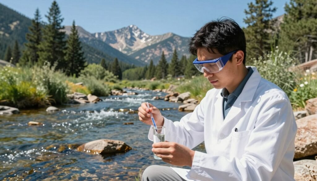 A serene scene depicting water quality testing in Colorado. In the foreground, a focused scientist in a professional lab coat, wearing safety goggles, is carefully using a testing kit on a clear glass vial filled with Colorado river water. The middle ground features a natural landscape, showcasing the pristine river flowing through rocky terrain, with lush green trees and sunny blue skies. In the background, majestic mountains rise prominently, reflecting the clear quality of the water. The lighting is bright and natural, capturing the essence of a sunny day in Colorado. The mood is one of optimism and responsibility, emphasizing the importance of clean water testing for healthy communities.