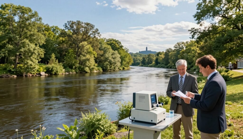 A serene scene in Connecticut showcasing a state-of-the-art water quality monitoring station. In the foreground, a team of two professionals in business attire examines water samples with advanced testing equipment, showcasing innovation in drinking water safety. The middle ground features a glistening river lined with lush greenery and healthy trees, reflecting a clear blue sky with soft wispy clouds. In the background, the silhouette of Connecticut's picturesque landscape highlights local landmarks. The atmosphere is calm and optimistic, with warm, natural lighting indicative of a bright day, capturing the essence of safety and purity in water management. Use a wide-angle lens for a comprehensive view, emphasizing the harmony between technology and nature.