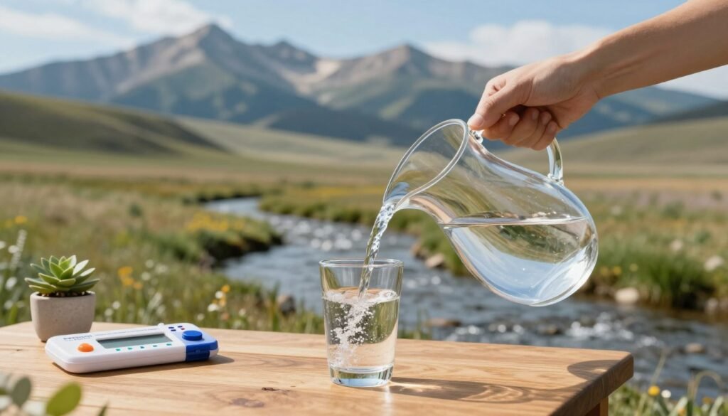A serene scene showcasing clean drinking water standards in Montana, focusing on a clear glass of fresh water being poured from a stylish pitcher on a wooden table in the foreground. Surrounding elements include a small plant and a water quality testing kit, symbolizing consumer resources. In the middle ground, include rolling hills typical of Montana, with a gentle stream flowing, reflecting bright blue skies. In the background, depict the majestic Rocky Mountains, adding depth and a sense of place. Soft, natural lighting is used to create a warm and inviting atmosphere, shot with a slightly shallow depth of field to emphasize the foreground. The mood is peaceful and informative, highlighting the importance of safe drinking water for consumers.