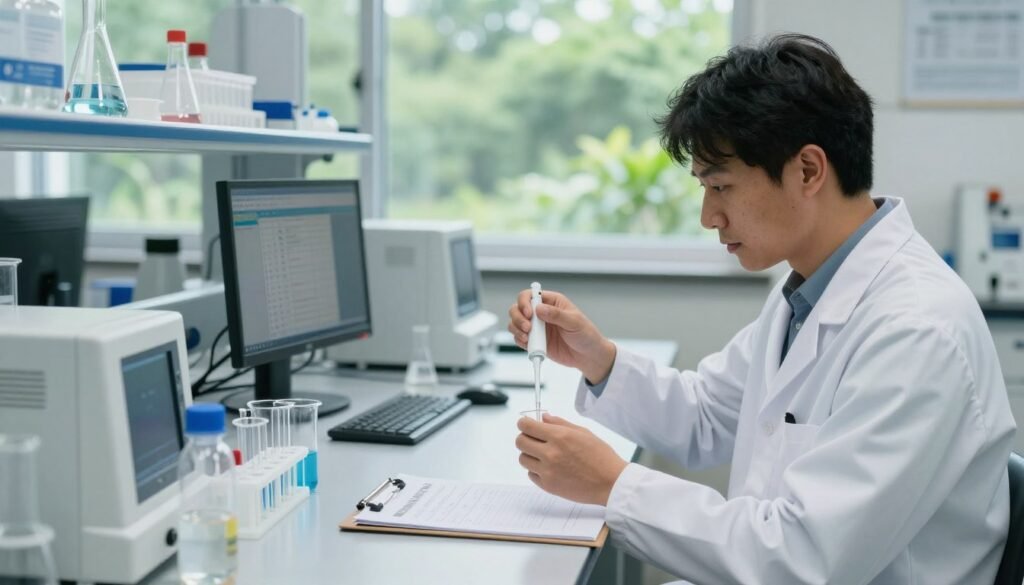 A serene water testing laboratory in Ohio, focusing on drinking water quality. In the foreground, a professional technician in a lab coat carefully examines test samples using scientific equipment like beakers and pipettes, with a clipboard containing water quality reports. The middle ground features a clean, organized lab space filled with modern analytical tools and a clear view of water testing results displayed on a monitor. In the background, a large window showcases the lush greenery of Ohio, symbolizing the importance of nature in water quality. Soft, natural lighting streams through the window, creating a bright and inviting atmosphere that emphasizes professionalism and dedication to ensuring safe drinking water. The angle is slightly elevated, capturing all elements harmoniously.