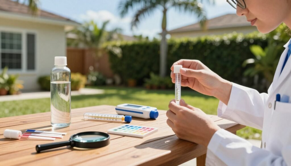 A serene, well-lit scene depicting a Florida residential backyard focused on water testing for drinking quality. In the foreground, a person wearing professional attire is carefully examining a water sample using a colorimetric test kit, sunlight glinting off the equipment. The middle layer features a variety of water testing tools, including test strips, a thermometer, and magnifying glass, arranged neatly on a wooden table. In the background, vibrant green foliage typical of Florida’s climate and a clear blue sky create a tranquil atmosphere. The sunlight casts gentle shadows, enhancing the focus on the water testing process. The image conveys diligence and the importance of ensuring safe drinking water, invoking a sense of responsibility and awareness.