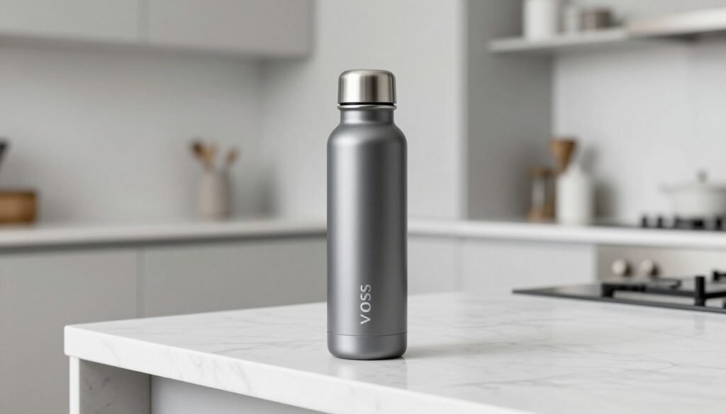 A sleek cylindrical Voss water bottle on a minimalist white marble countertop in a modern Scandinavian kitchen, clean lines, high-end lifestyle photography.