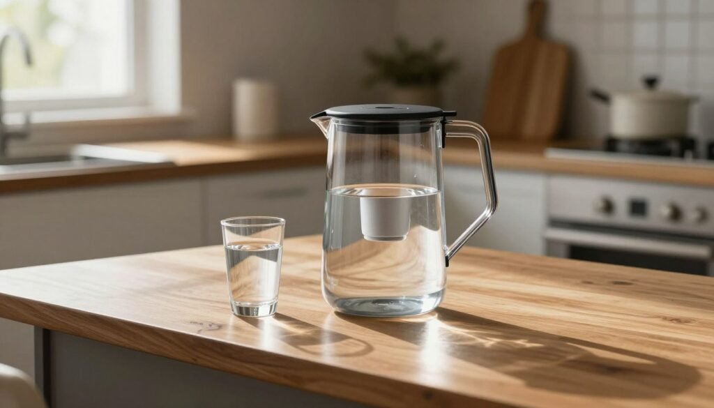 A sleek, modern glass water filter pitcher sitting on a wooden kitchen island, sunlight streaming through a window, a half-full glass of clear water beside it, professional lifestyle photography.