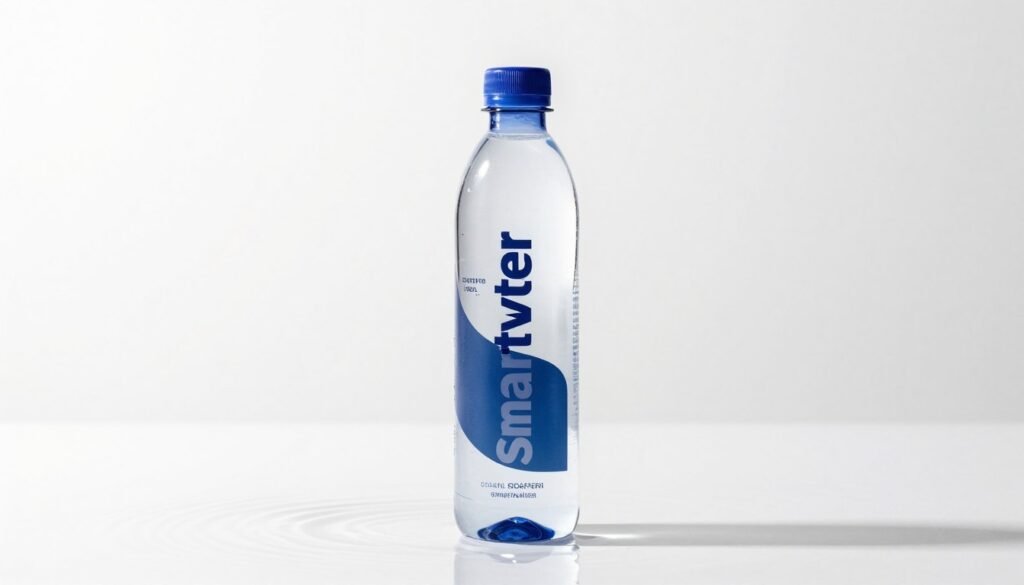 A sleek, tall Smartwater bottle with a minimalist label, floating in a clean, white space with subtle water ripples in the background.