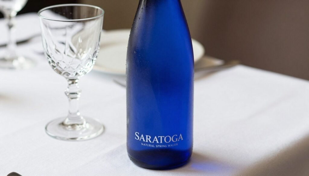 A sleek, tall cobalt blue glass bottle of Saratoga Natural Spring Water standing on a white linen tablecloth next to a crystal glass, soft natural lighting, elegant fine dining atmosphere, 8k resolution.