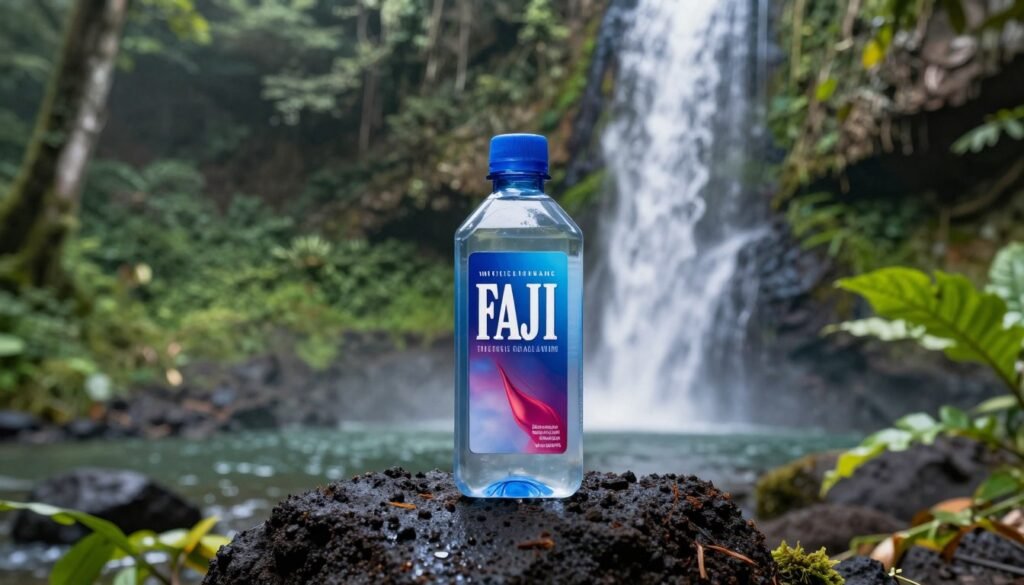 A square plastic bottle of Fiji water sitting on a volcanic rock in a lush tropical jungle with a waterfall in the background, professional photography, high resolution, soft natural lighting.