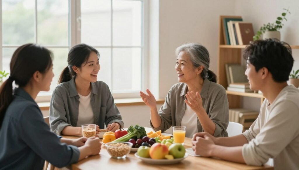 A tranquil indoor setting depicting a serene weight management scene. In the foreground, a diverse group of three individuals—one in professional business attire and two in modest casual clothing—are engaged in a lively discussion around a table filled with healthy foods like fruits, vegetables, and whole grains. The middle ground features a large window allowing natural light to illuminate the space, enhancing the warm and inviting atmosphere. In the background, a shelf lined with fitness books and a plant adds a sense of wellness. The overall mood is positive and encouraging, suggesting a supportive environment for adopting healthy lifestyle changes. The lighting is soft and warm, giving the image a friendly and welcoming feel. The angle captures the enthusiasm and interaction among the group, emphasizing community in weight management. A tranquil indoor setting depicting a serene weight management scene. In the foreground, a diverse group of three individuals—one in professional business attire and two in modest casual clothing—are engaged in a lively discussion around a table filled with healthy foods like fruits, vegetables, and whole grains. The middle ground features a large window allowing natural light to illuminate the space, enhancing the warm and inviting atmosphere. In the background, a shelf lined with fitness books and a plant adds a sense of wellness. The overall mood is positive and encouraging, suggesting a supportive environment for adopting healthy lifestyle changes. The lighting is soft and warm, giving the image a friendly and welcoming feel. The angle captures the enthusiasm and interaction among the group, emphasizing community in weight management.