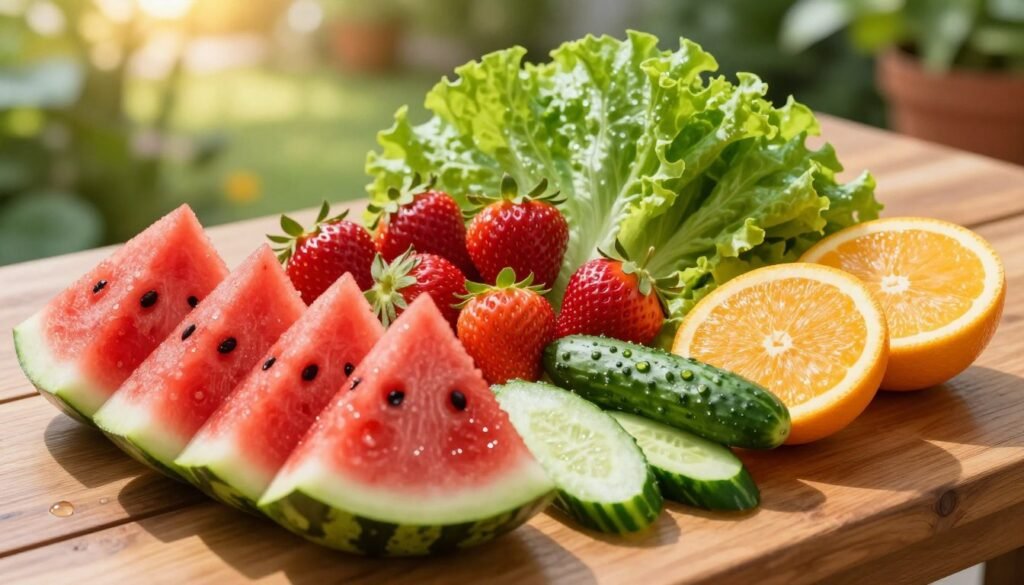 A vibrant and colorful assortment of water-rich fruits and vegetables arranged elegantly on a wooden table. In the foreground, glistening slices of watermelon, cucumber, and oranges are artistically displayed, showcasing their juicy textures. The middle ground features ripe, refreshing strawberries and vibrant green lettuce leaves, emphasizing their hydration benefits. In the background, a softly blurred garden setting with sunlit greenery enhances the fresh, healthy atmosphere. The scene is illuminated by warm, natural lighting, creating a cheerful and inviting mood. The angle is slightly overhead, allowing a full view of the colorful produce while maintaining a focus on hydration.